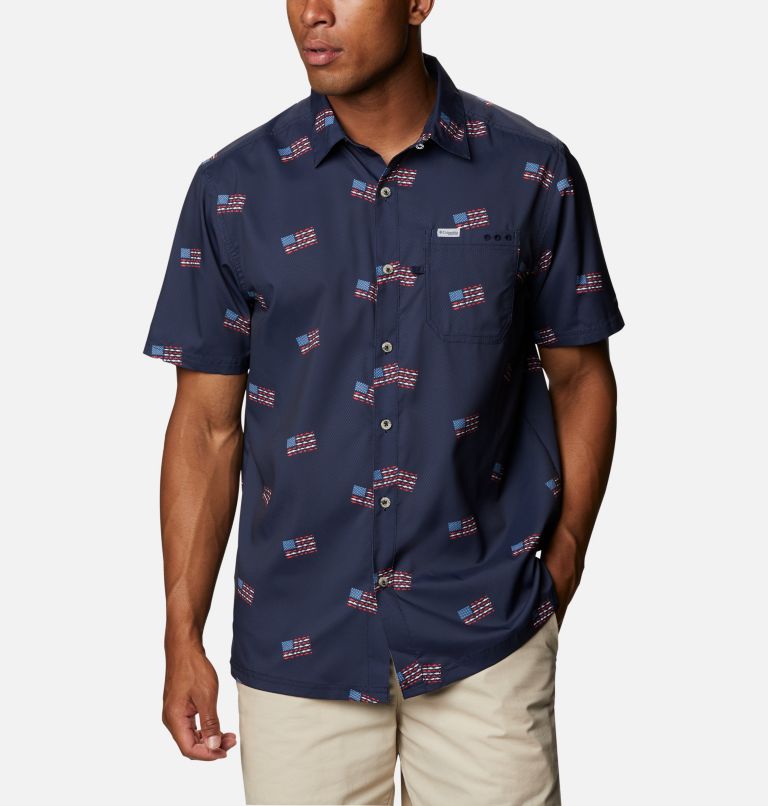 Navy Men's Columbia PFG Super Slack Tide Shirts | SBVXLH-659 - Columbia Outlet Online