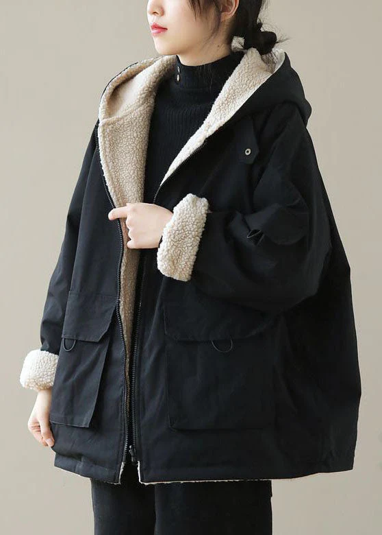 Fashion Black Zip Up Pockets Thick Fuzzy Wool Lined Cotton Hoodie Coat Winter - republicanstateiFashion Black Zip Up Pockets Thick Fuzzy Wool Lined Cotton Hoodie Coat Winter - republicanstatei