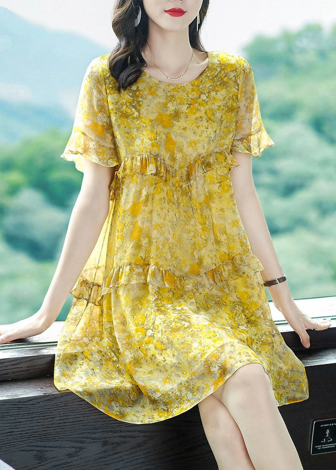Elegant Yellow O-Neck Patchwork Ruffles Print Chiffon Holiday Dress Summer - republicanstateiElegant Yellow O-Neck Patchwork Ruffles Print Chiffon Holiday Dress Summer - republicanstatei