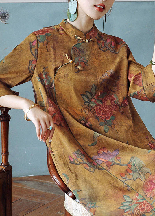 Vintage Orange Print Stand Collar Button Silk Maxi Dresses Spring - republicanstateiVintage Orange Print Stand Collar Button Silk Maxi Dresses Spring - republicanstatei