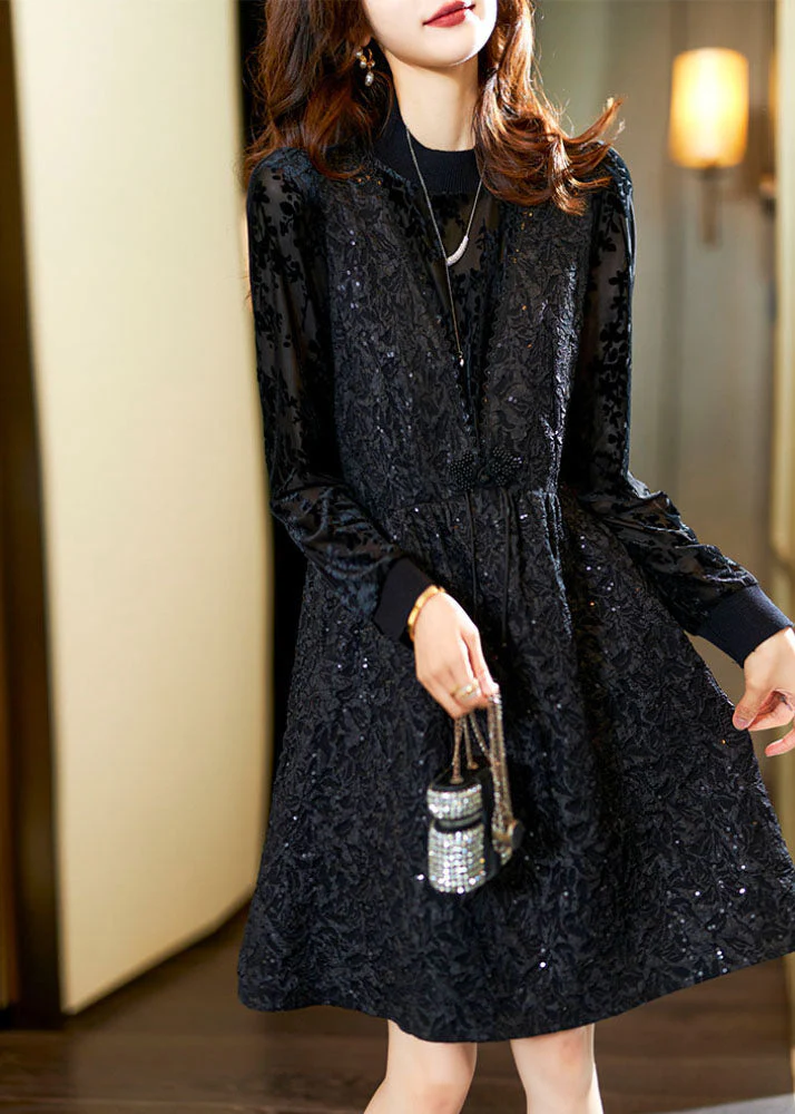 Jacquard Black O-Neck Patchwork Nail Bead Fake Two Pieces Mid Dress Fall - republicanstateiJacquard Black O-Neck Patchwork Nail Bead Fake Two Pieces Mid Dress Fall - republicanstatei