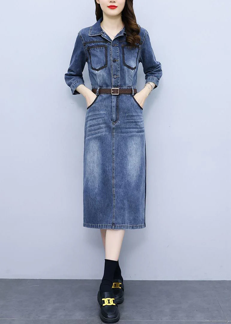Slim Fit Blue Peter Pan Collar Patchwork Sashes Denim Maxi Dresses Bracelet Sleeve - republicanstateiSlim Fit Blue Peter Pan Collar Patchwork Sashes Denim Maxi Dresses Bracelet Sleeve - republicanstatei