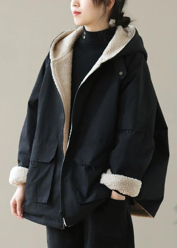 Fashion Black Zip Up Pockets Thick Fuzzy Wool Lined Cotton Hoodie Coat Winter - republicanstateiFashion Black Zip Up Pockets Thick Fuzzy Wool Lined Cotton Hoodie Coat Winter - republicanstatei