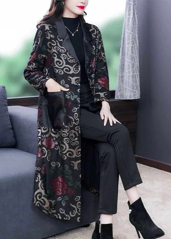 French Black Peter Pan Collar Patchwork Pockets Print Trench Coat Fall - republicanstateiFrench Black Peter Pan Collar Patchwork Pockets Print Trench Coat Fall - republicanstatei