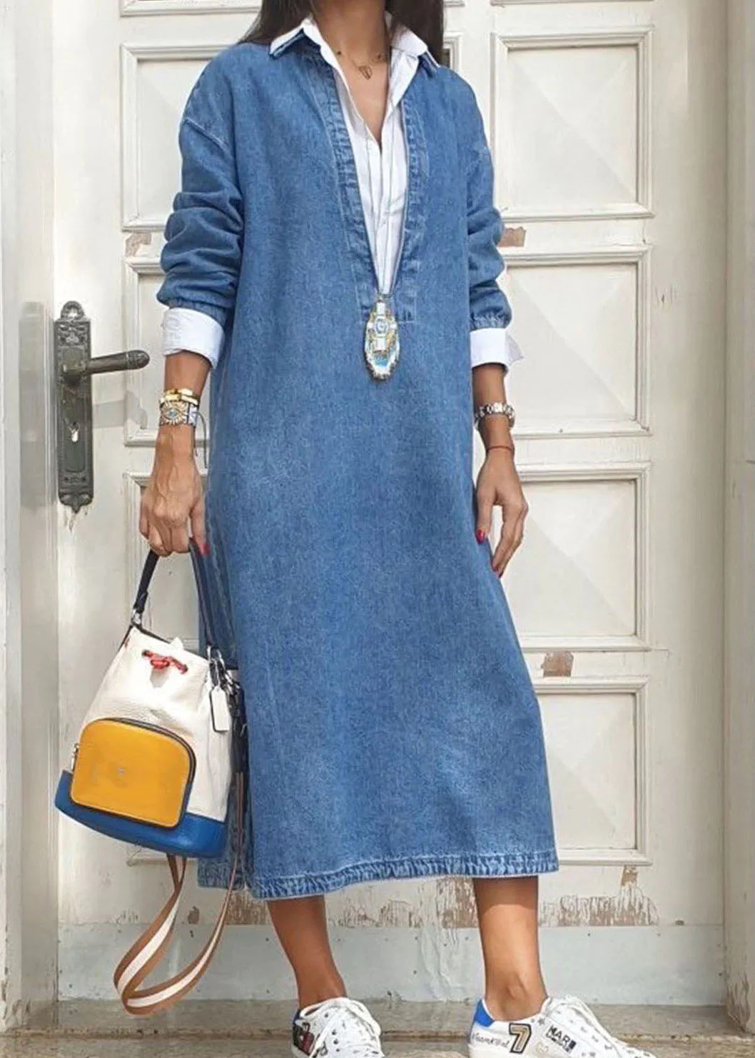 Women Blue Peter Pan Collar False Two Pieces Patchwork Denim Dresses Long Sleeve - republicanstateiWomen Blue Peter Pan Collar False Two Pieces Patchwork Denim Dresses Long Sleeve - republicanstatei