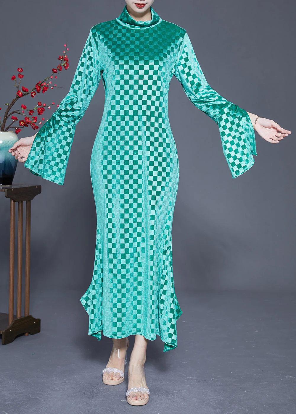 Art Green Stand Collar Plaid Side Open Silk Velour Long Dress Flare Sleeve - republicanstateiArt Green Stand Collar Plaid Side Open Silk Velour Long Dress Flare Sleeve - republicanstatei