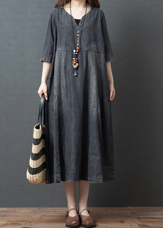 Handmade Blue V Neck Button Patchwork Fall Denim Half Sleeve Maxi Dress - republicanstateiHandmade Blue V Neck Button Patchwork Fall Denim Half Sleeve Maxi Dress - republicanstatei