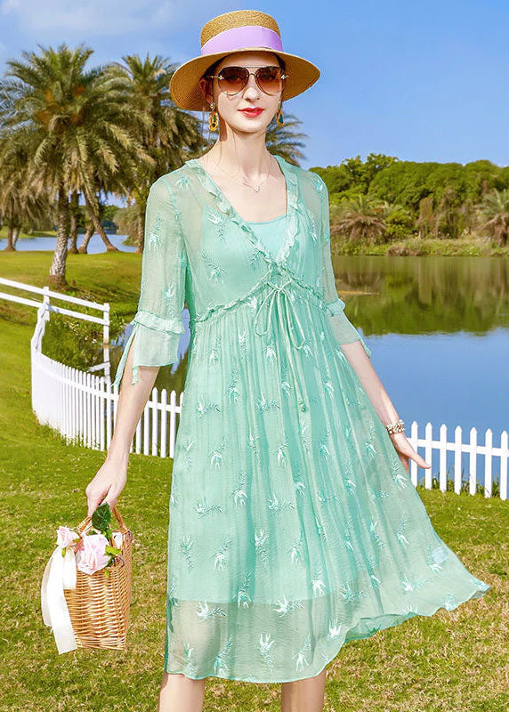 Fashion Light Green Embroideried Patchwork Tie Waist Silk Dresses Half Sleeve - republicanstateiFashion Light Green Embroideried Patchwork Tie Waist Silk Dresses Half Sleeve - republicanstatei