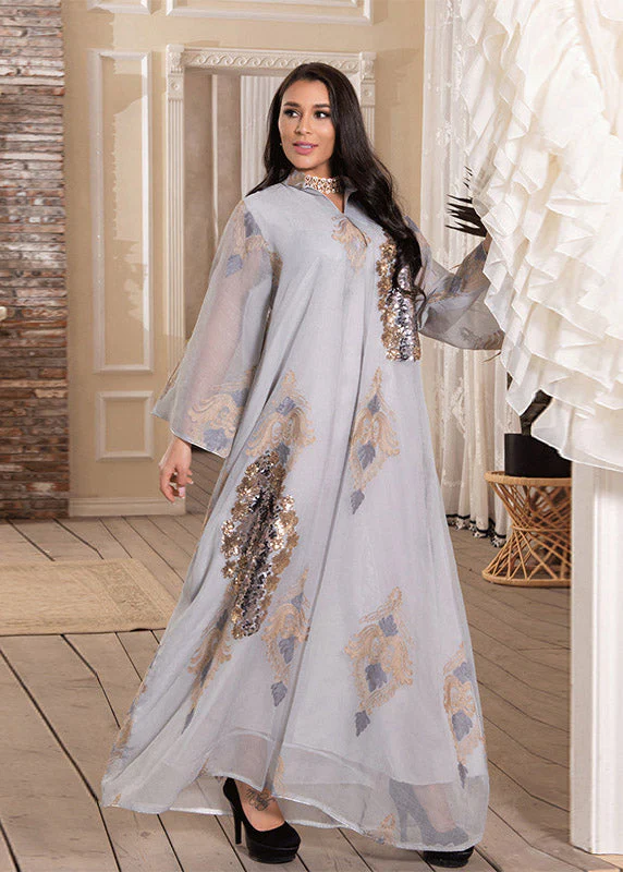 Women White Stand Collar Embroideried Sequins Tulle Maxi Dresses Long Sleeve - republicanstateiWomen White Stand Collar Embroideried Sequins Tulle Maxi Dresses Long Sleeve - republicanstatei