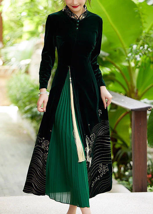 Boutique Green Tasseled Embroideried Patchwork Velour Dresses Spring - republicanstateiBoutique Green Tasseled Embroideried Patchwork Velour Dresses Spring - republicanstatei