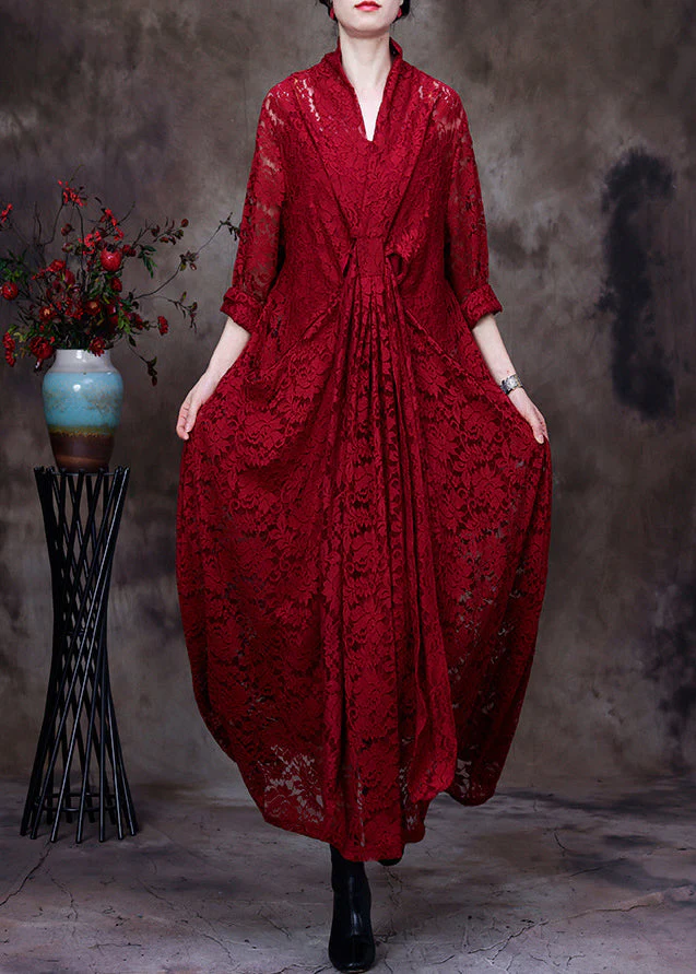 Italian Red V Neck Asymmetrical Patchwork Lace Maxi Dresses Long Sleeve - republicanstateiItalian Red V Neck Asymmetrical Patchwork Lace Maxi Dresses Long Sleeve - republicanstatei