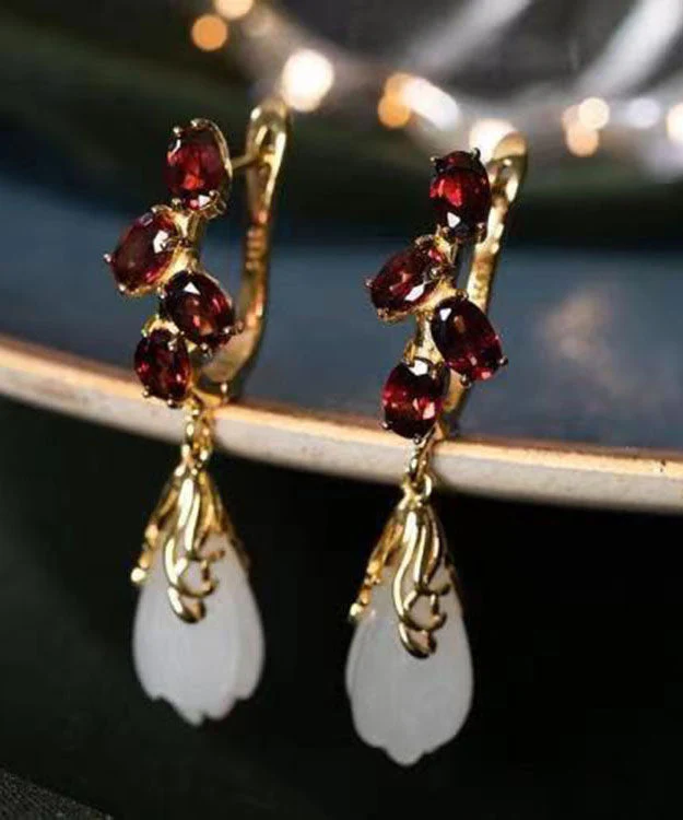 Fashion Mulberry Stainless Steel Glass Inlaid Jade Garnet Drop Earrings - republicanstateiFashion Mulberry Stainless Steel Glass Inlaid Jade Garnet Drop Earrings - republicanstatei