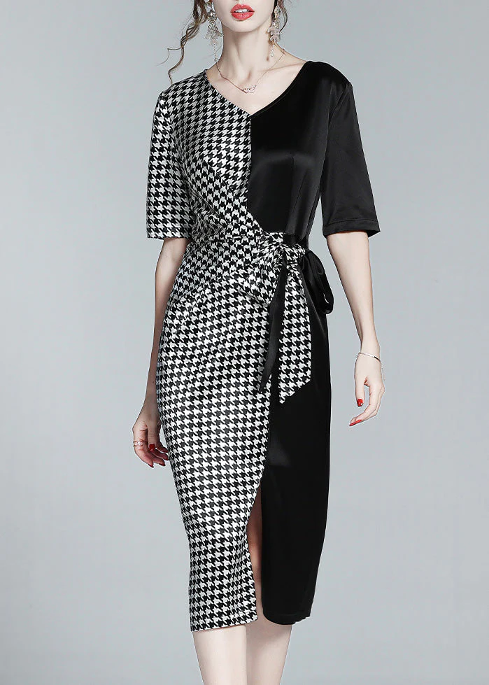 Classy Black V Neck Patchwork Plaid Tie Waist Silk Long Dresses Summer - republicanstateiClassy Black V Neck Patchwork Plaid Tie Waist Silk Long Dresses Summer - republicanstatei