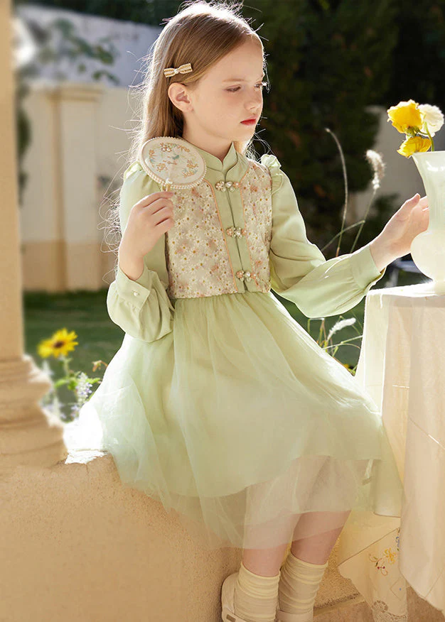 Chinese Style Green Embroideried Ruffled Tulle Patchwork Girls Mid Dress Fall - republicanstateiChinese Style Green Embroideried Ruffled Tulle Patchwork Girls Mid Dress Fall - republicanstatei