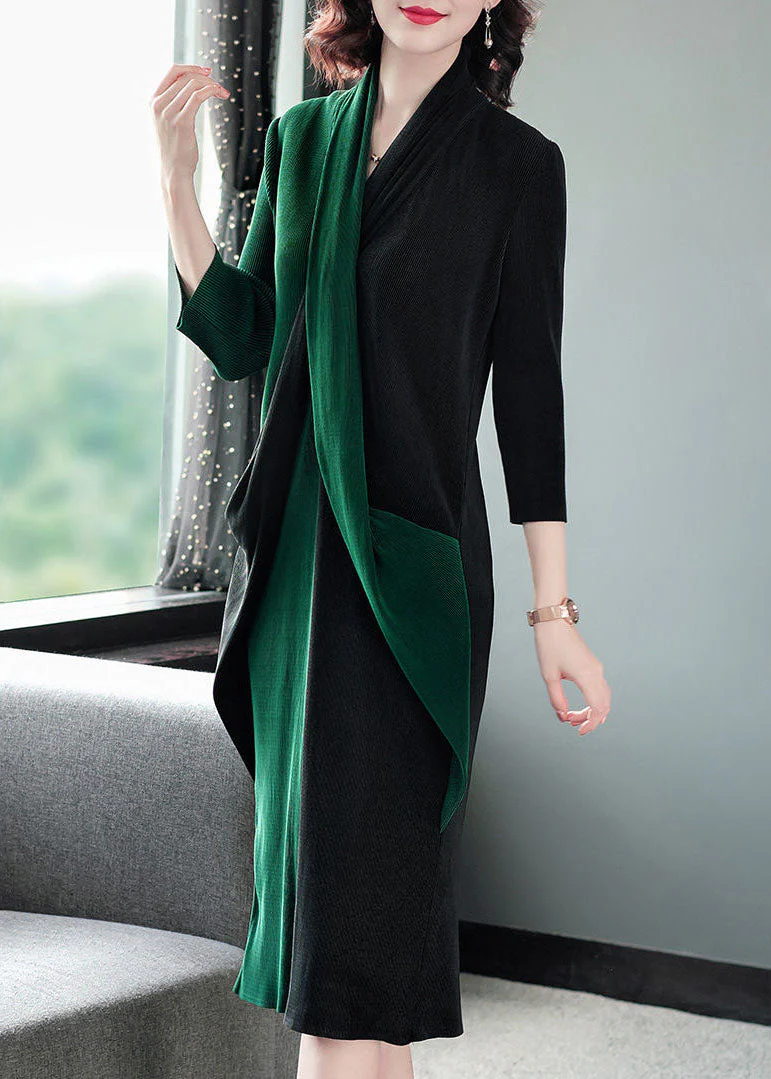 Modern Blackish Green V Neck Patchwork Wrinkled Maxi Dress Long Sleeve - republicanstateiModern Blackish Green V Neck Patchwork Wrinkled Maxi Dress Long Sleeve - republicanstatei