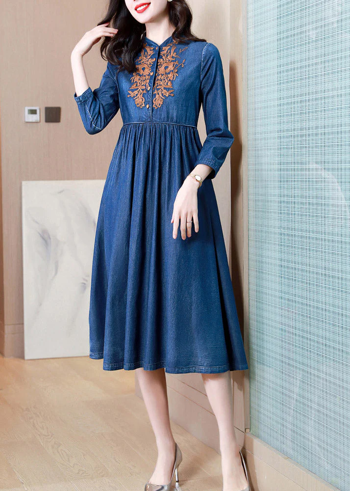 French Denim Blue V Neck Embroideried Patchwork Elastic Waist Cotton Long Dresses Spring - republicanstateiFrench Denim Blue V Neck Embroideried Patchwork Elastic Waist Cotton Long Dresses Spring - republicanstatei