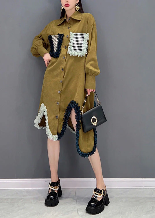 French Khaki Peter Pan Collar Patchwork Button Long Shirts Dress Spring - republicanstateiFrench Khaki Peter Pan Collar Patchwork Button Long Shirts Dress Spring - republicanstatei