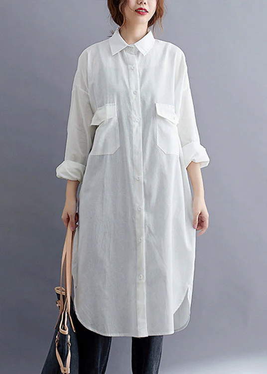 Plus Size White Peter Pan Collar Button Patchwork Cotton Shirts Dress Fall - republicanstateiPlus Size White Peter Pan Collar Button Patchwork Cotton Shirts Dress Fall - republicanstatei