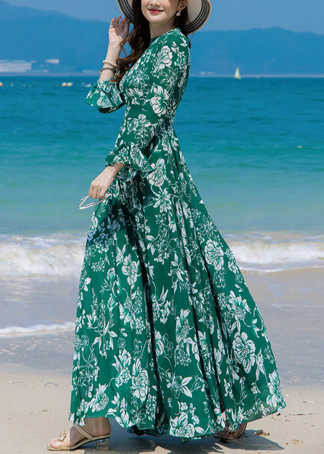 Slim Fit Green Turtleneck Print Chiffon Long Beach A Line Dresses Spring - republicanstateiSlim Fit Green Turtleneck Print Chiffon Long Beach A Line Dresses Spring - republicanstatei