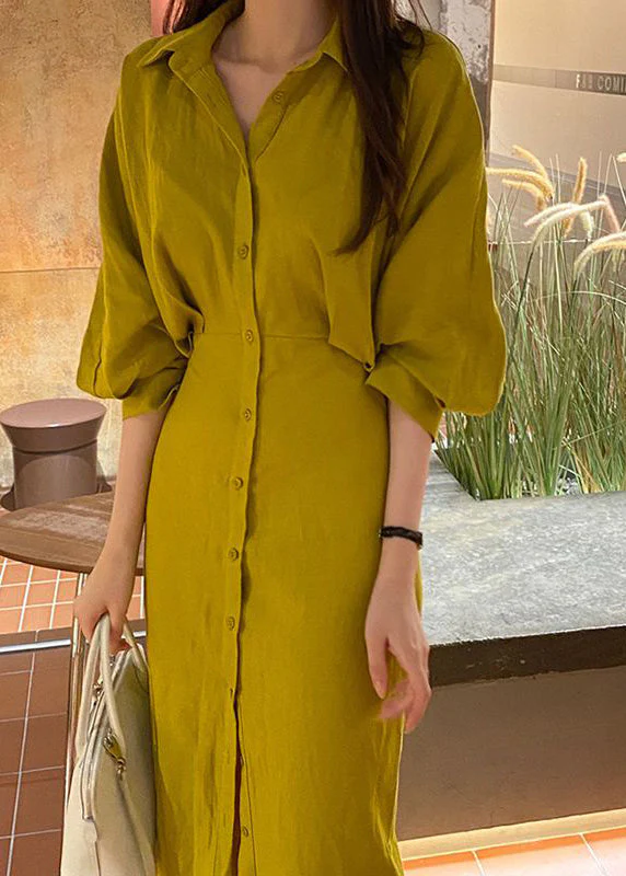 Bohemian Yellow Peter Pan Collar Cinched Cotton Shirt Dresses Lantern Sleeve - republicanstateiBohemian Yellow Peter Pan Collar Cinched Cotton Shirt Dresses Lantern Sleeve - republicanstatei