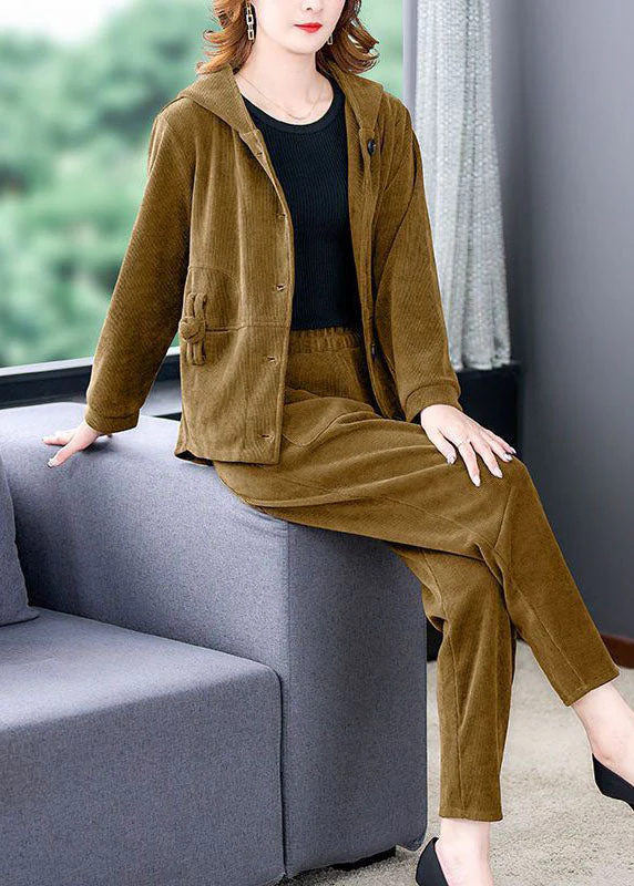 Boutique Yellow Hooded Pockets Corduroy Coats And Pants Two Pieces Set Long Sleeve - republicanstateiBoutique Yellow Hooded Pockets Corduroy Coats And Pants Two Pieces Set Long Sleeve - republicanstatei