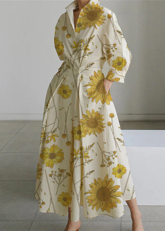 2024 Beige-yellow flower Peter Pan Collar Pockets Cotton Dress Long Sleeve - republicanstatei2024 Beige-yellow flower Peter Pan Collar Pockets Cotton Dress Long Sleeve - republicanstatei