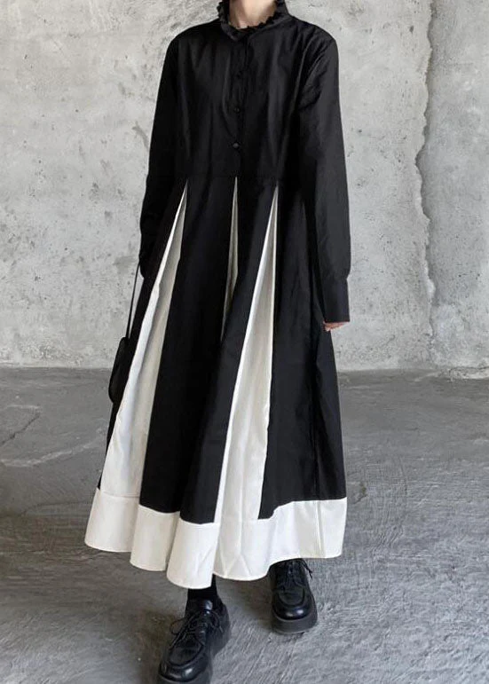 Casual Black Stand Collar Patchwork Exra Large Hem Cotton Shirts Dresses Spring - republicanstateiCasual Black Stand Collar Patchwork Exra Large Hem Cotton Shirts Dresses Spring - republicanstatei