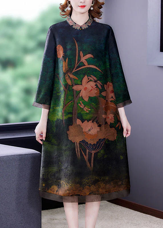 Women Green Embroideried Patchwork Zippered Silk Dresses Bracelet Sleeve - republicanstateiWomen Green Embroideried Patchwork Zippered Silk Dresses Bracelet Sleeve - republicanstatei