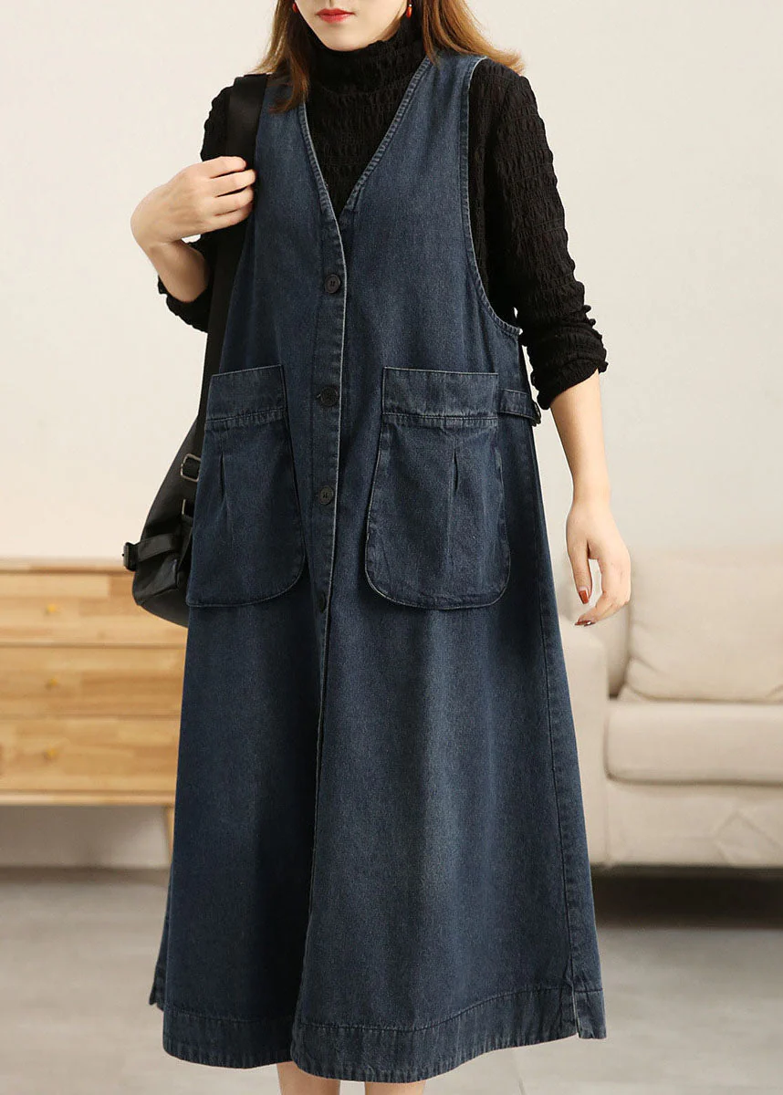 Beautiful Denim Blue V Neck Patchwork Pockets Cotton A Line Dress Sleeveless - republicanstateiBeautiful Denim Blue V Neck Patchwork Pockets Cotton A Line Dress Sleeveless - republicanstatei