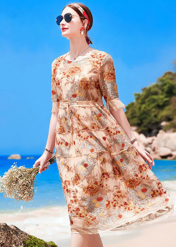 Handmade Apricot O-Neck Embroideried Ruffled Silk Cinch Dresses Short Sleeve - republicanstateiHandmade Apricot O-Neck Embroideried Ruffled Silk Cinch Dresses Short Sleeve - republicanstatei