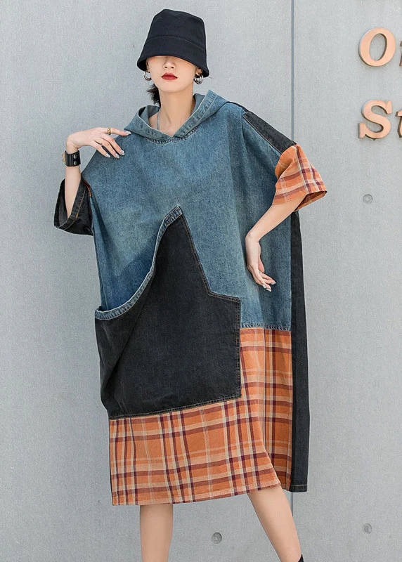 Plus Size Blue hooded Patchwork Plaid Pockets Fall Denim Dresses Half Sleeve - republicanstateiPlus Size Blue hooded Patchwork Plaid Pockets Fall Denim Dresses Half Sleeve - republicanstatei