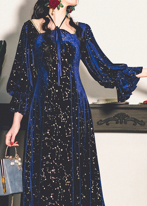 Bohemian Navy Square Collar Sequins Exra Large Hem Silk Velour Maxi Dresses Spring - republicanstateiBohemian Navy Square Collar Sequins Exra Large Hem Silk Velour Maxi Dresses Spring - republicanstatei