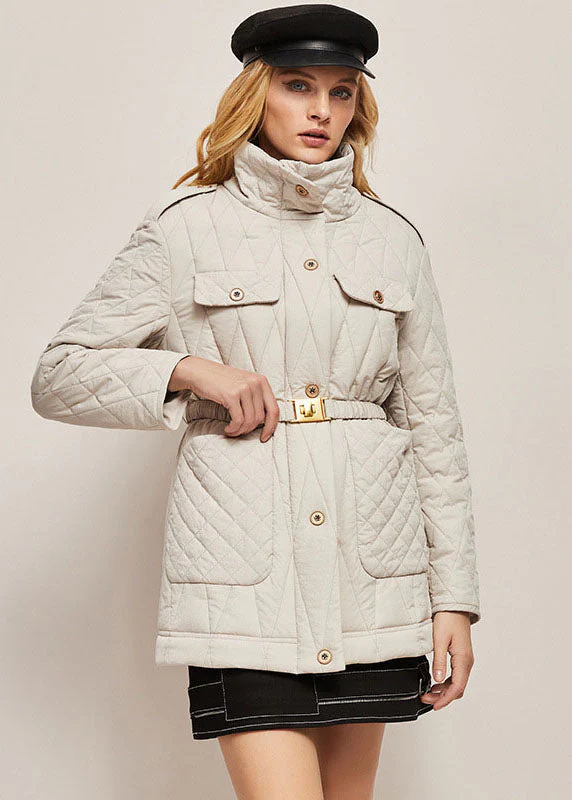 Modern White Stand Collar Pockets Fine Cotton Filled Cinch Jackets Winter - republicanstateiModern White Stand Collar Pockets Fine Cotton Filled Cinch Jackets Winter - republicanstatei