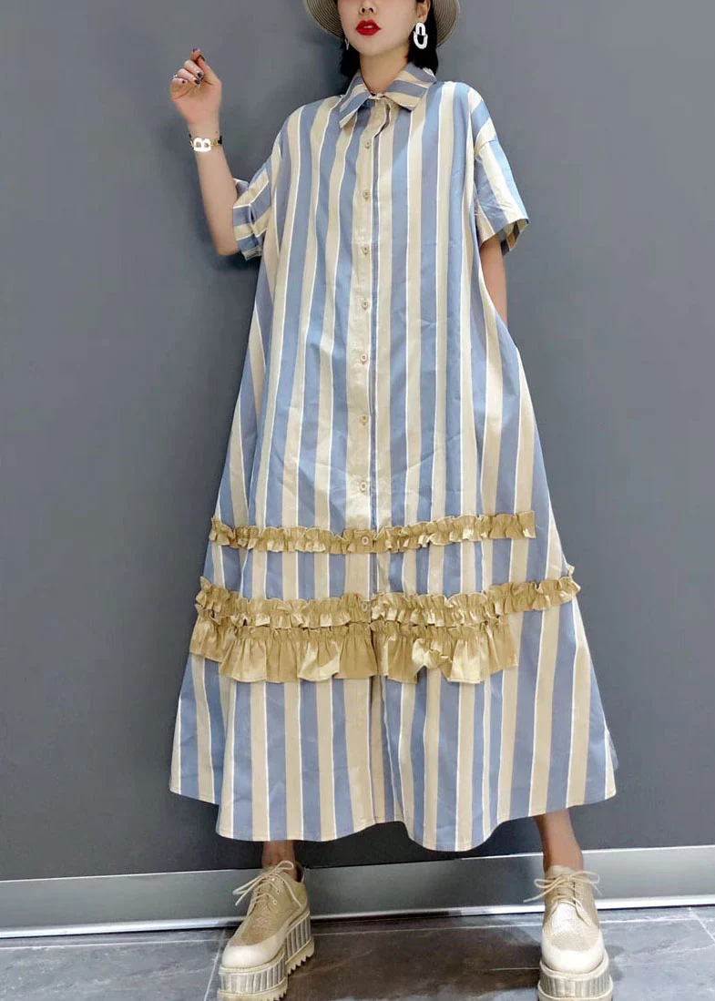 Italian Yellow Ruffled Peter Pan Collar button Striped shirt Dresses Short Sleeve - republicanstateiItalian Yellow Ruffled Peter Pan Collar button Striped shirt Dresses Short Sleeve - republicanstatei