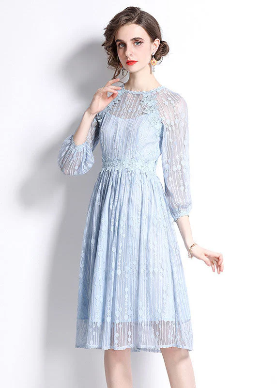 Stylish Light Blue Embroideried Patchwork Lace Cinch Dress Bracelet Sleeve - republicanstateiStylish Light Blue Embroideried Patchwork Lace Cinch Dress Bracelet Sleeve - republicanstatei