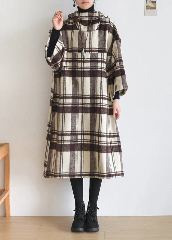 Organic Chocolate White Colour Plaid Pockets Cotton Maxi Hooded Dresses Long Sleeve - republicanstateiOrganic Chocolate White Colour Plaid Pockets Cotton Maxi Hooded Dresses Long Sleeve - republicanstatei
