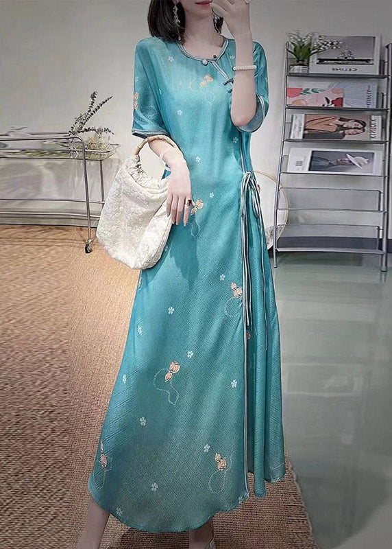 Sexy Green O-Neck Embroideried Floral Side Open Tie Waist Button Silk Long Dresses Half Sleeve - republicanstateiSexy Green O-Neck Embroideried Floral Side Open Tie Waist Button Silk Long Dresses Half Sleeve - republicanstatei