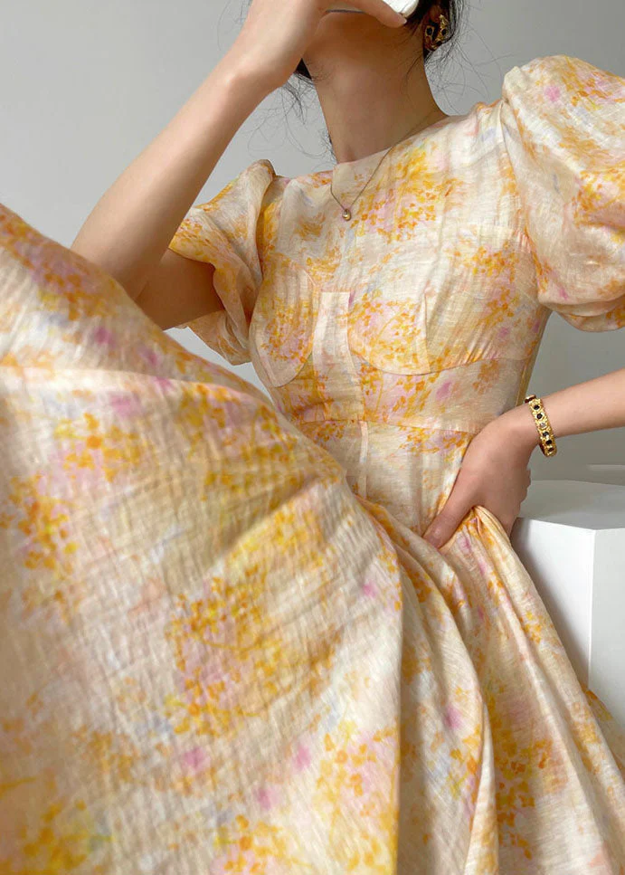 Fashion Yellow O-Neck Print Slim Fit Silk Holiday Dresses Lantern Sleeve - republicanstateiFashion Yellow O-Neck Print Slim Fit Silk Holiday Dresses Lantern Sleeve - republicanstatei