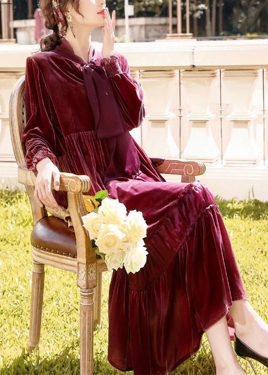 Fine Mulberry Bow Collar Ruffled Patchwork Silk Velour Dresses Spring - republicanstateiFine Mulberry Bow Collar Ruffled Patchwork Silk Velour Dresses Spring - republicanstatei