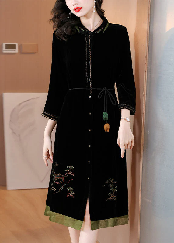 Vogue Black Peter Pan Collar Embroidered Tie Waist Silk Velour Vacation Dresses Fall - republicanstateiVogue Black Peter Pan Collar Embroidered Tie Waist Silk Velour Vacation Dresses Fall - republicanstatei