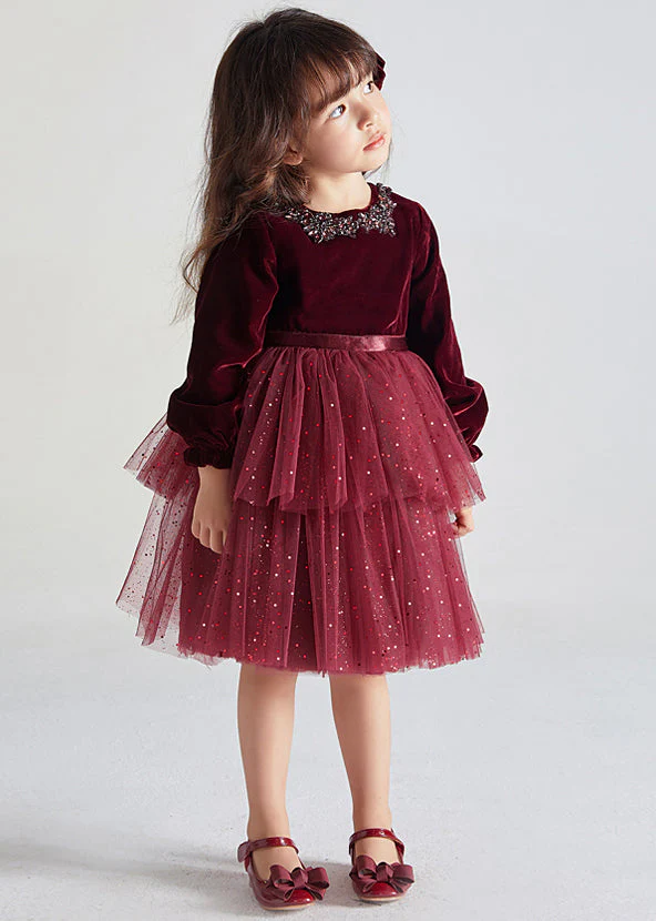 Cute Wine Red Ruffled Tulle Patchwork Warm Fleece Kids Girls Dress Fall - republicanstateiCute Wine Red Ruffled Tulle Patchwork Warm Fleece Kids Girls Dress Fall - republicanstatei
