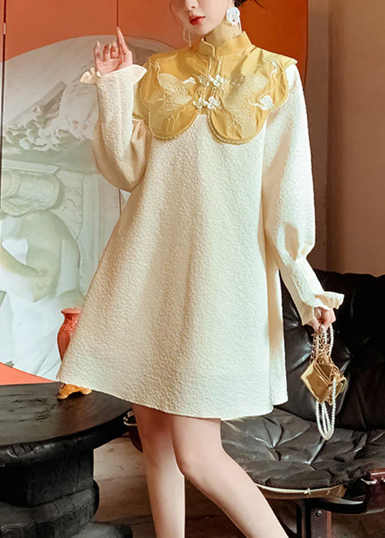 Chinese Style Yellow Stand Collar Embroideried Button Mid Dress Long Sleeve - republicanstateiChinese Style Yellow Stand Collar Embroideried Button Mid Dress Long Sleeve - republicanstatei