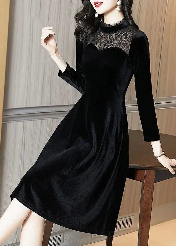 Slim Fit Black Stand Collar Lace Patchwork Silk Velour Party Dress Spring - republicanstateiSlim Fit Black Stand Collar Lace Patchwork Silk Velour Party Dress Spring - republicanstatei