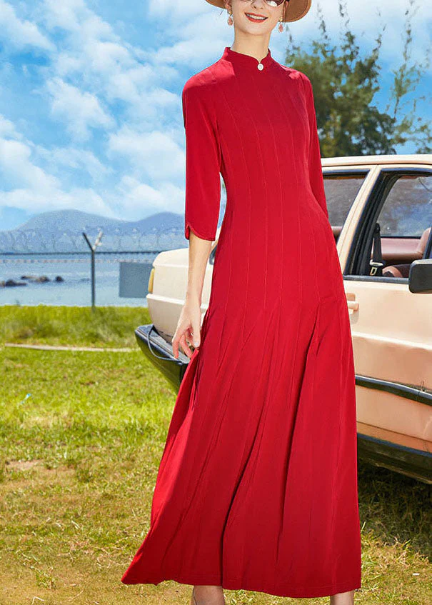 Vintage Red Stand Collar Wrinkled Chiffon Long Dresses Bracelet Sleeve - republicanstateiVintage Red Stand Collar Wrinkled Chiffon Long Dresses Bracelet Sleeve - republicanstatei