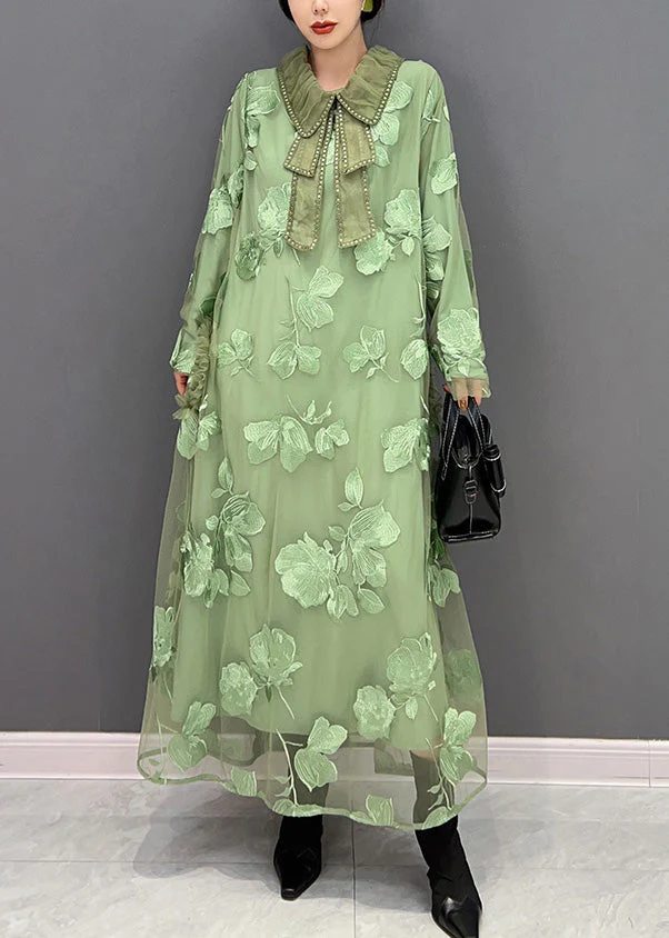 Women Green Peter Pan Collar Embroideried Patchwork Tulle Long Dresses Long Sleeve - republicanstateiWomen Green Peter Pan Collar Embroideried Patchwork Tulle Long Dresses Long Sleeve - republicanstatei