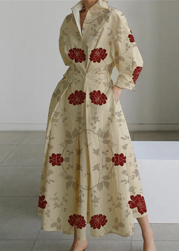 2024 Beige-red flower Peter Pan Collar Pockets Cotton Dress Long Sleeve - republicanstatei2024 Beige-red flower Peter Pan Collar Pockets Cotton Dress Long Sleeve - republicanstatei