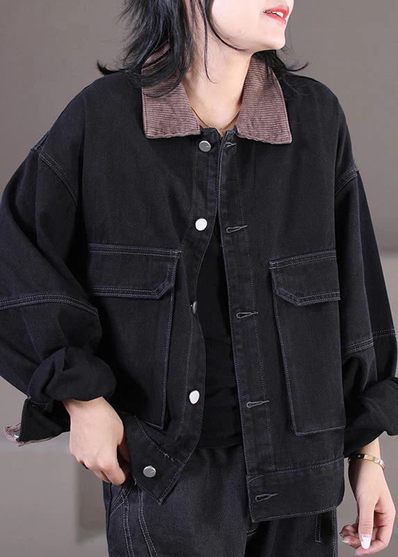 Fashion Black Peter Pan Collar Corduroy Patchwork Button Denim Coats Fall - republicanstateiFashion Black Peter Pan Collar Corduroy Patchwork Button Denim Coats Fall - republicanstatei