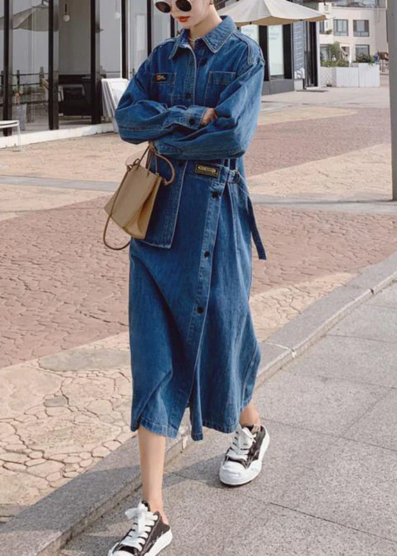 Loose Blue Pockets Button asymmetrical design Fall Denim Long sleeve Long Dress - republicanstateiLoose Blue Pockets Button asymmetrical design Fall Denim Long sleeve Long Dress - republicanstatei
