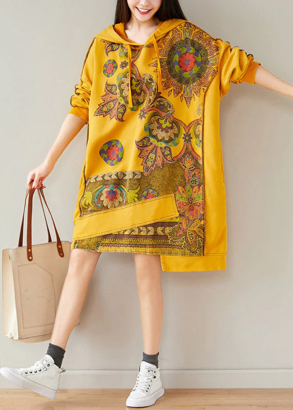 Plus Size Yellow Hooded Asymmetrical Design Patchwork Cotton Mid Dresses Spring - republicanstateiPlus Size Yellow Hooded Asymmetrical Design Patchwork Cotton Mid Dresses Spring - republicanstatei