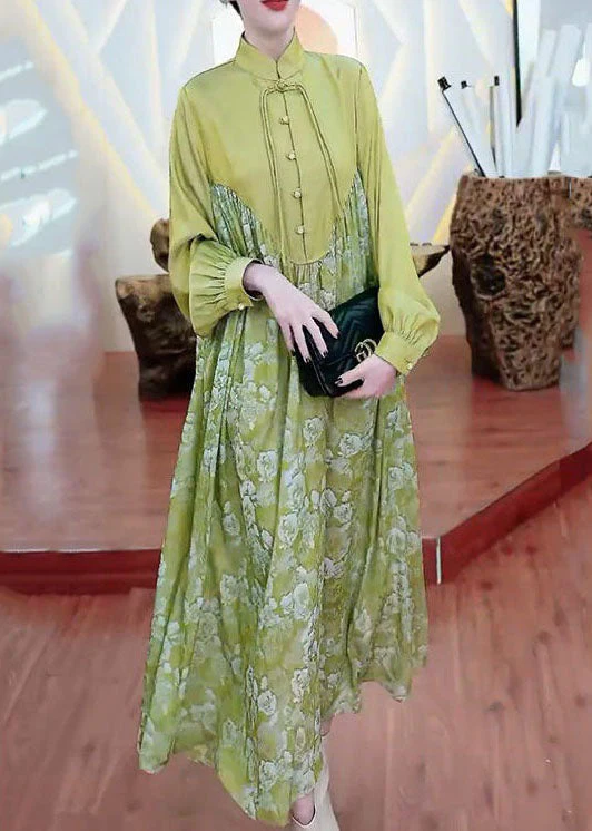 Retro Green Tasseled Wrinkled Print Patchwork Silk Long Dresses Spring - republicanstateiRetro Green Tasseled Wrinkled Print Patchwork Silk Long Dresses Spring - republicanstatei